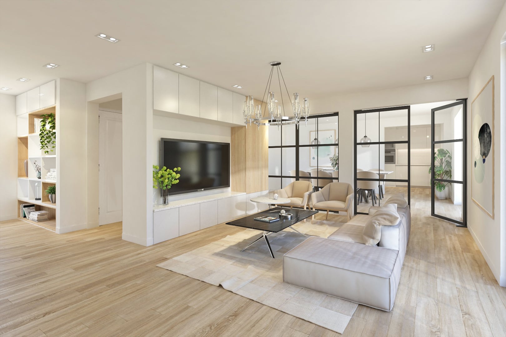 Digitale interieurrestyle van een lichte woonkamer met glazen roomdivider