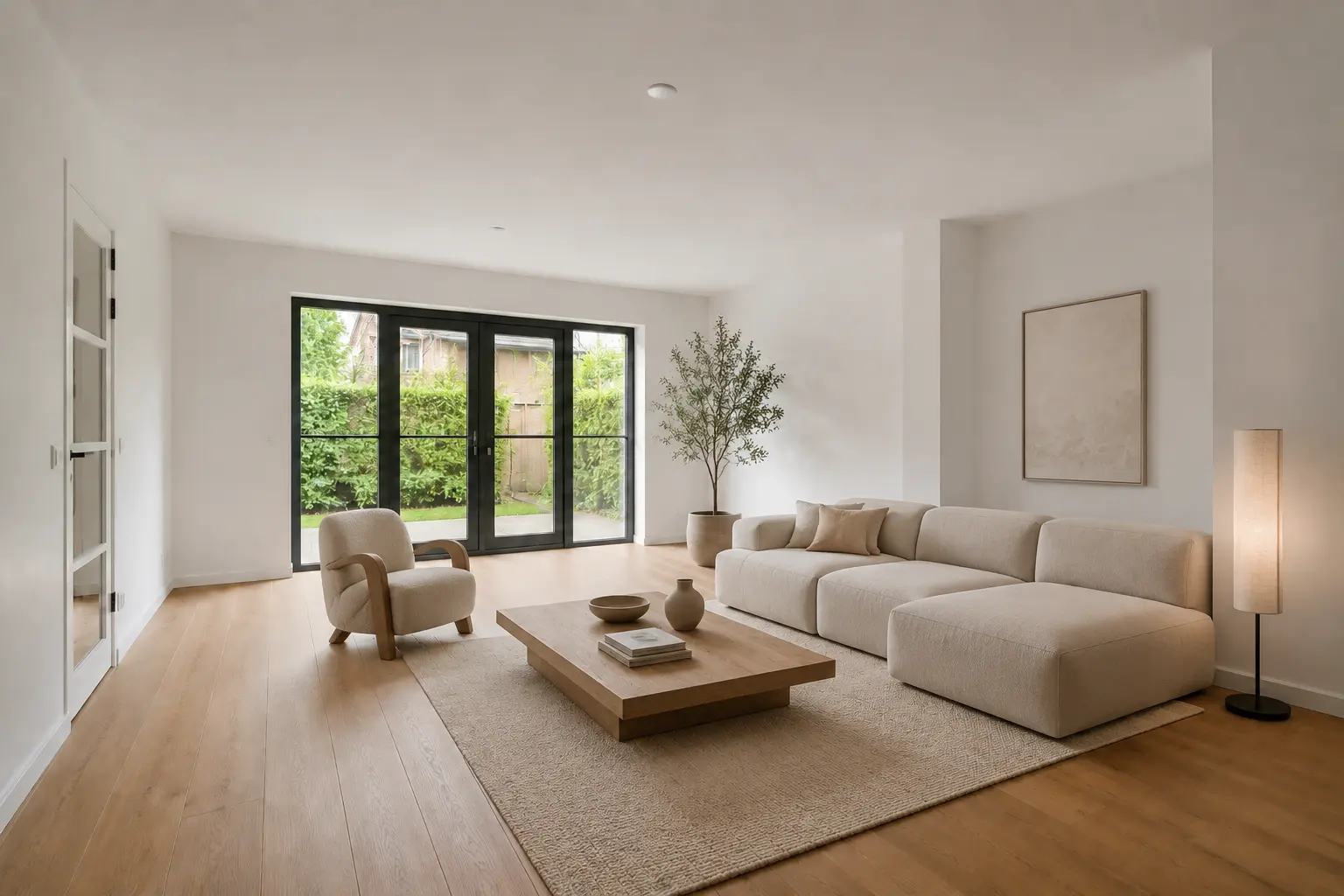 Woonkamer als artist impression in Japandi-stijl